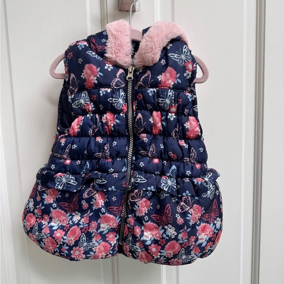 NWOT Little Lass 3T Blue Floral Butterfly Puffer Vest w Pink Faux Fur Collar - Picture 1 of 6